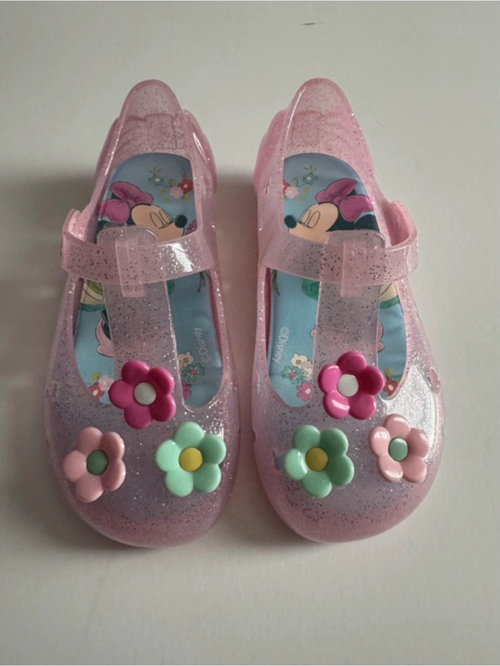 Disney Pink Glitter Jelly Mary Janes with Floral Accents